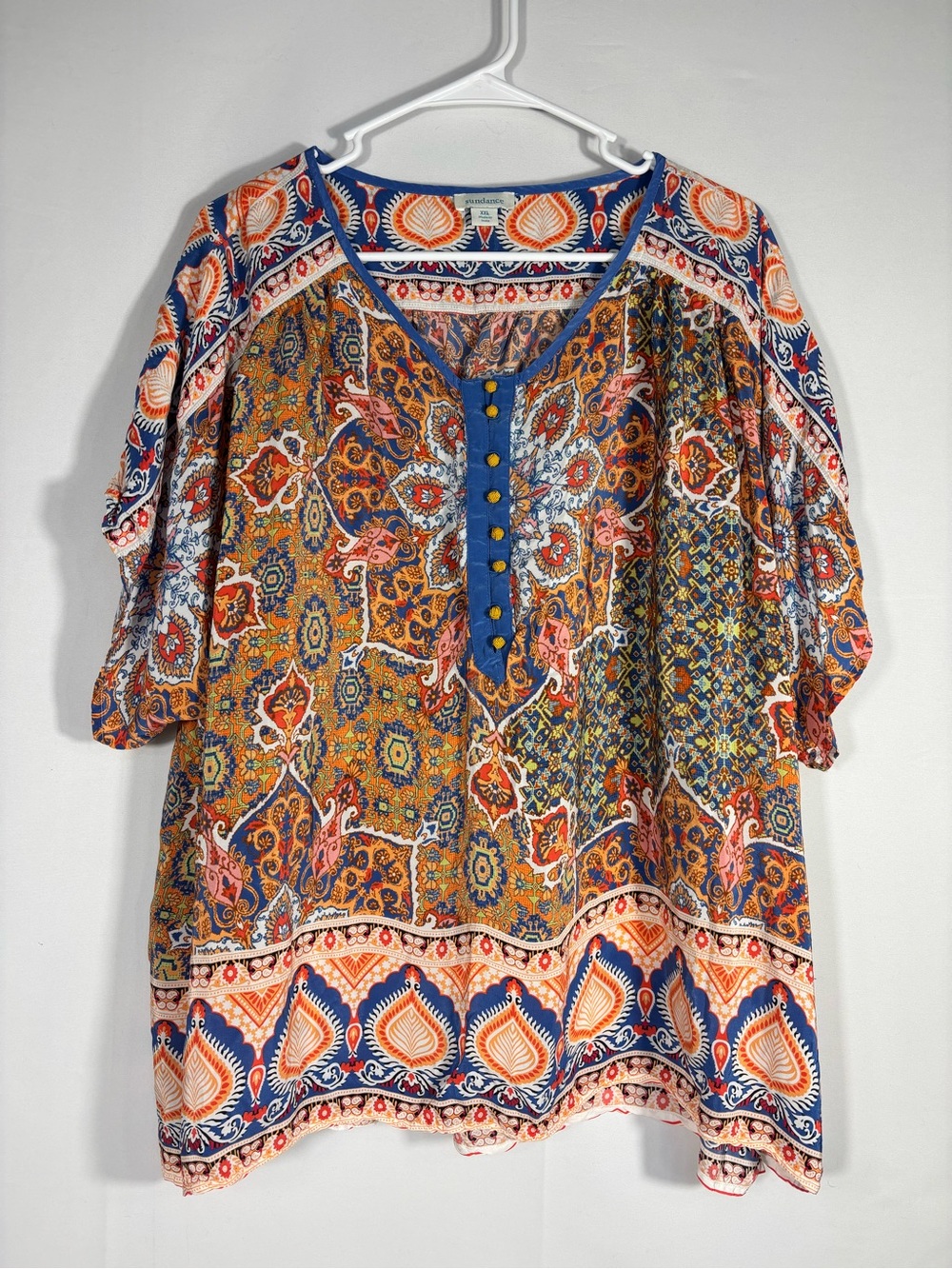 Sundance Boho Paisley Patchwork Tunic Top Orange Blue Fall XXL